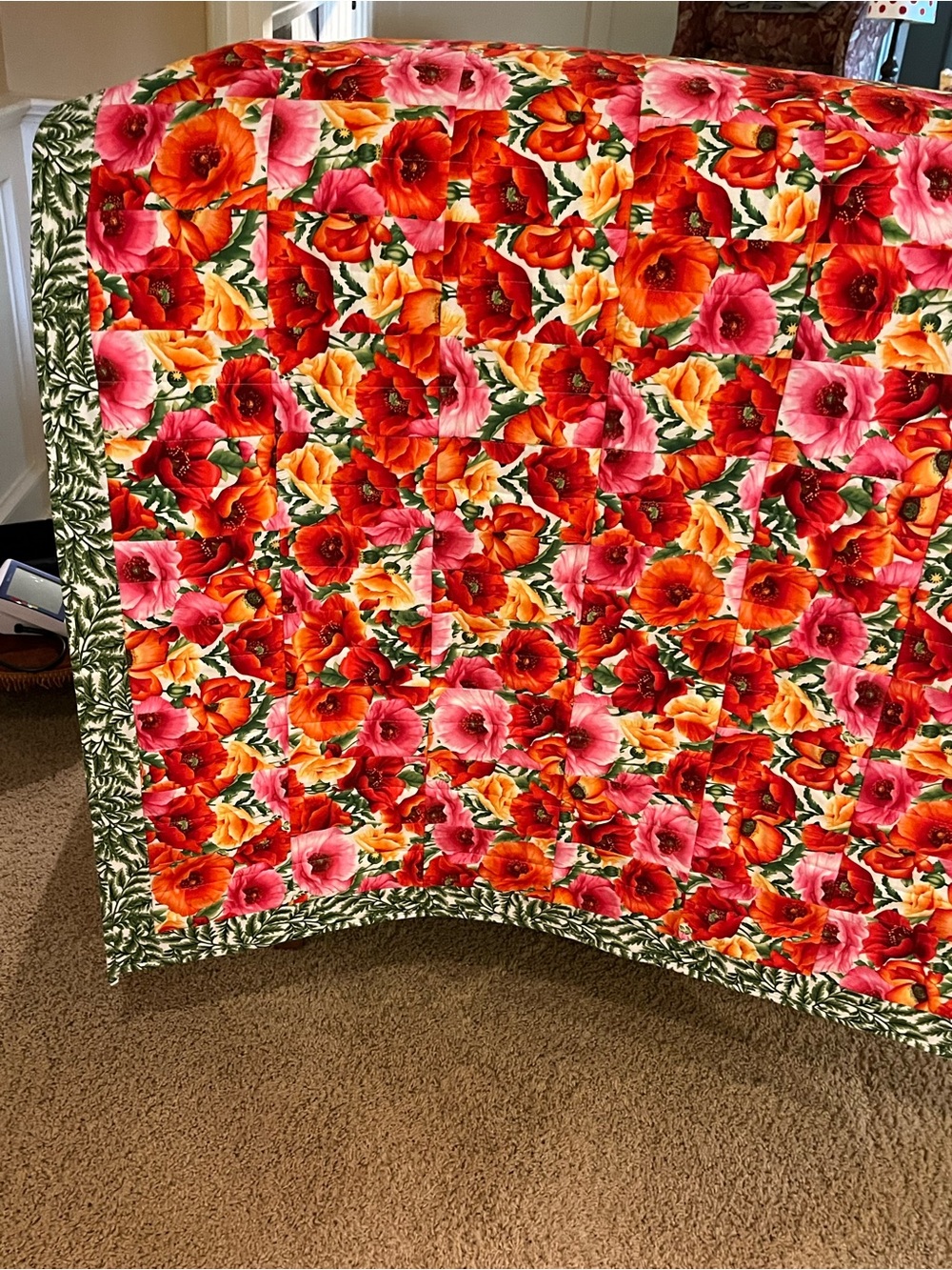 Hand Crafted Floral Patchwork Lap Quilt in Red, Pink, Orange, Green
